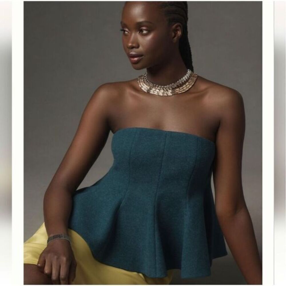 Anthropologie Teal Strapless Peplum Top